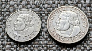 ドイツ 5 & 2 ライヒスマルク 1933 年 マルティン・ルター 銀マルク貨幣、J および A