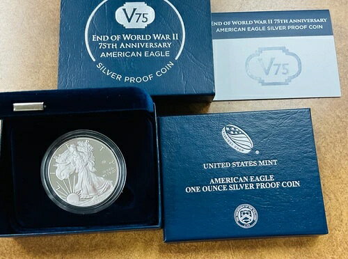 2020 W V75 枢密院マーク 第二次世界大戦終結プルーフ アメリカン シルバー イーグル コイン、箱と COA 付き。