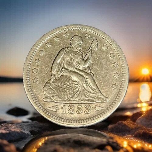 1853 年 着席自由の女神像 シルバー クォーター 矢と光線付き ~ 未流通 ~ RPD など