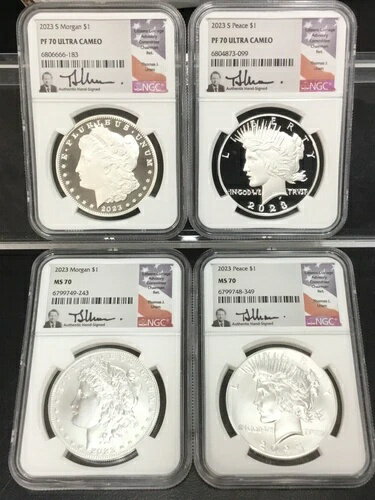 2023年 モーガン&ピース シルバーダラー 4枚セット PF & MS70 NGC 署名 トーマス・ウラム