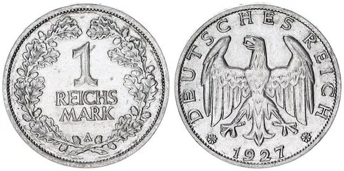 ワイマール共和国 1 マーク 1927 希少年式 ミントマーク XF 121866