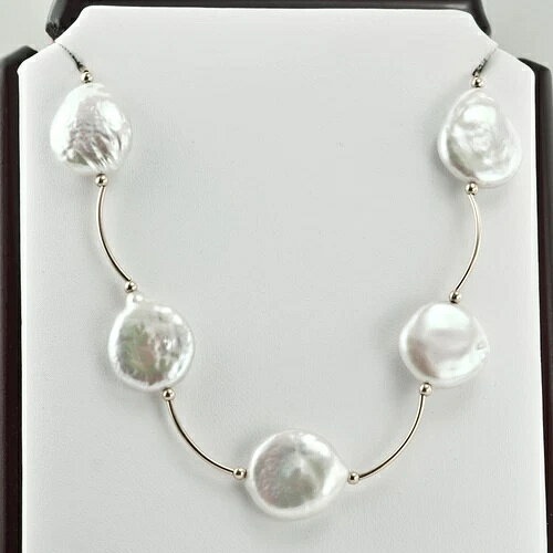 14mm ホワイトナチュラルコインパール ステーショナリーネックレス 14K ホワイトゴールド 16インチ