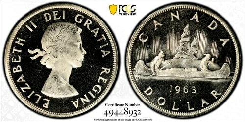 1963年 1ドル銀貨 エリザベス2世 カナダ PCGS PL66DCAM