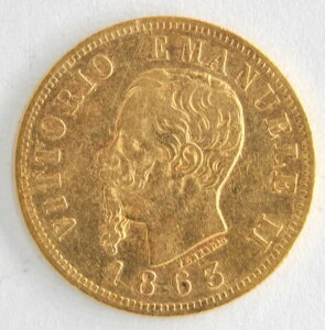 イタリア 1863T BN 10 リラ定規 ヴィットーリオ・エマヌエーレ2世 .900 純金貨 KM# 9.3