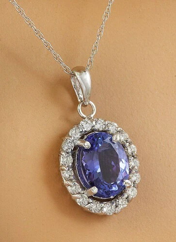 2.00カラットの天然オーバルカットブルータンザナイトとダイヤモンドペンダント(14Kホワイトゴールド)