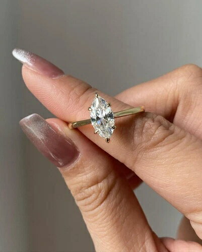 認定1.50カラットホワイトマーキスラボグロウンダイヤモンドソリティア14Kイエローゴールドリング