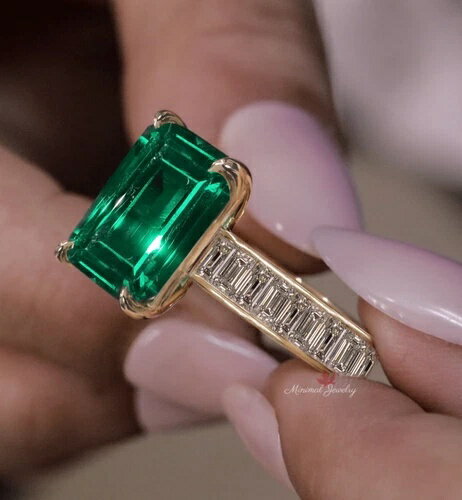 11カラット グリーンエメラルド モアッサナイト 14Kイエローゴールド エンゲージメント ステートメントリング レディース