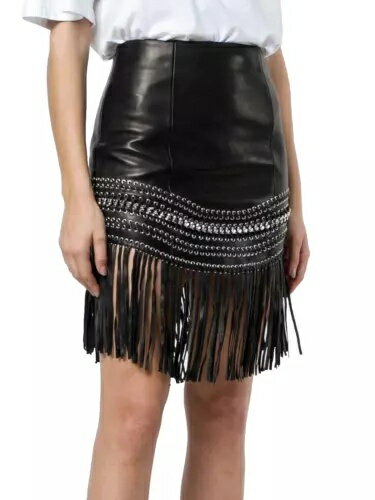 バルマン パリ レザー フリンジ ミニスカート スタッズ メタルチェーン フリンジ付き 44