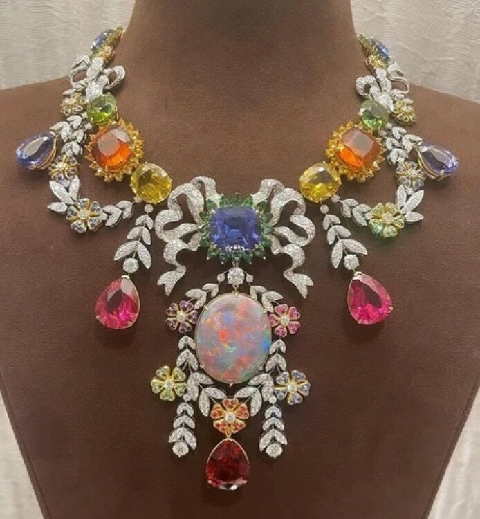 カラーマルチジェムストーン 41.93カラット オパール&CZ ハンドメイド ステートメントネックレス ハイジュエリー