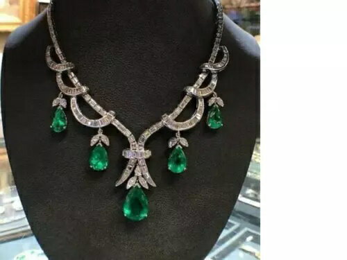 ステートメントCZネックレス 925スターリングシルバー グリーンペアドロップ バゲット レディースジュエリー