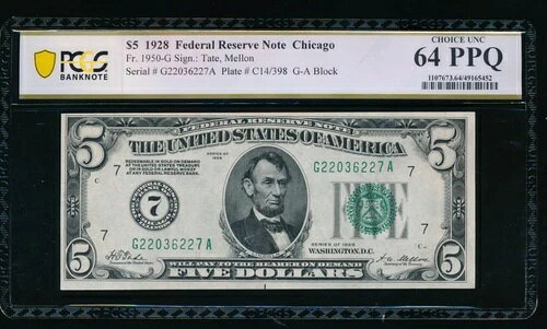 AC NUMERICAL 1928 $5 シカゴ FRN PCGS 64 PPQ ゴールド条項 Fr 1950-G