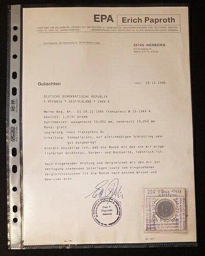 Ddr 5 Pfennig 1949 A ブリリアントアンサーキュレート - 専門知識付き Paproth 90882