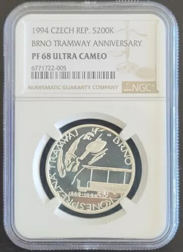 チェコ共和国 1994年 200コルナ銀貨 プルーフコイン ブルノ路面電車125周年記念 NGC 68