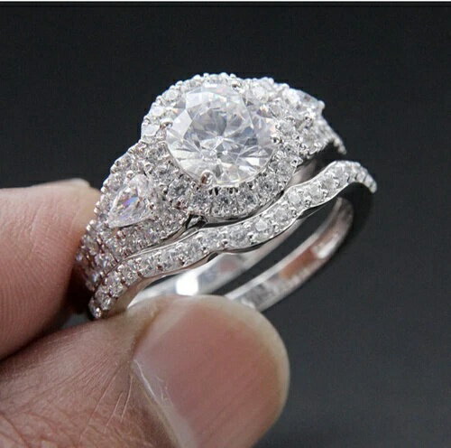 10Kホワイトゴールド 2カラット ラウンドカット リアルモアッサナイト レディース ウェディング ブライダルリングセット