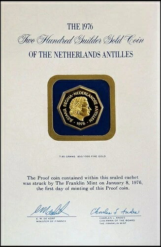 1976年 オランダ領アンティル ゴールド 7.95グラム プルーフ 200グルデン オクタゴン アンドリュー・ド..