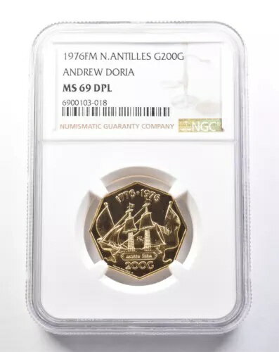 1976年 FM オランダ領アンティル 200ギルデン金貨 アンドリュー・ドリア MS69 DPL NGC *5350
