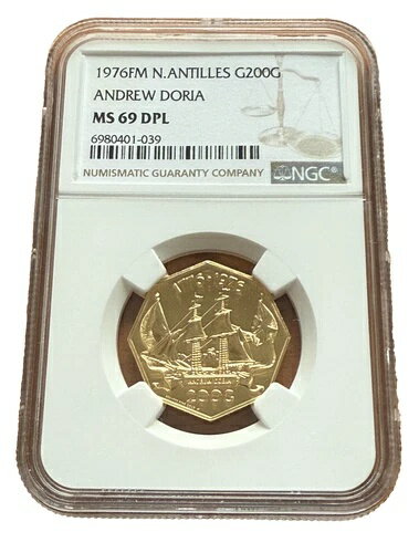 オランダ領アンティル 1976年 FM 金 200ギルデン NGC MS69 DPL アンドリュー・ドリア