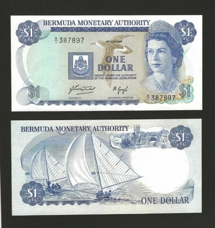 バミューダ 1ドル 1975年、P-28a 通貨庁、A/1 プレフィックス、フレッシュ UNC、QEII
