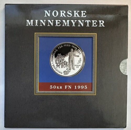 ノルウェー 50クローネ シルバー プルーフ 1995 国連50周年記念 - トリグヴェ・リー - パンフレット