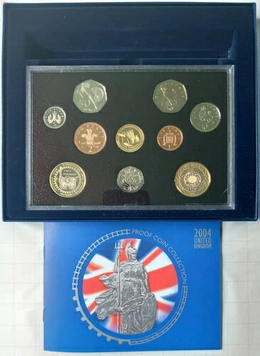 2004 年 Royal Mint 年間プルーフ コイン セット (COA、青いディスプレイ ボックス、外箱付き)。