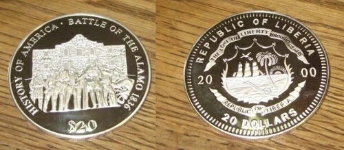 リベリア 2000 ラージ .999 シルバー プルーフ 20 ドル - アラモの戦い 1836