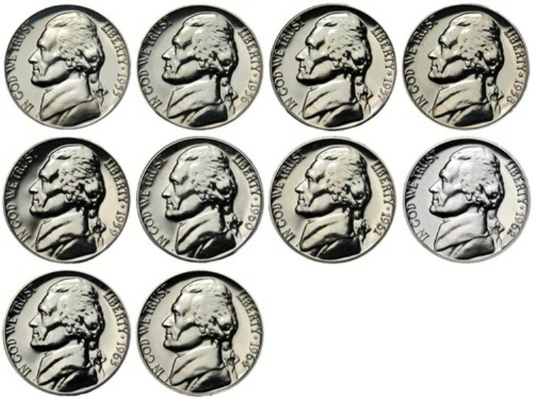 ジェムプルーフウルトラ 1955〜1964年 ジェファーソンニッケル コイン10枚セット！素敵！