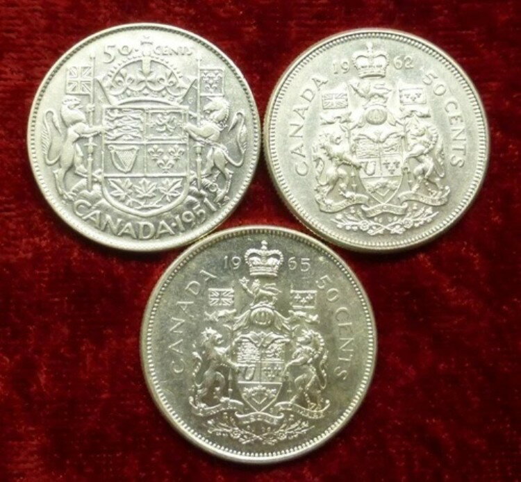 3枚のカナダ国章入り銀貨50セント硬貨、80%銀貨、1951年、1962年、1965年