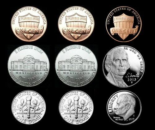 2013 P+D+S リンカーン ペニー、ジェファーソン ニッケル、ルーズベルト ダイム ~ ミント プルーフ セット(3)