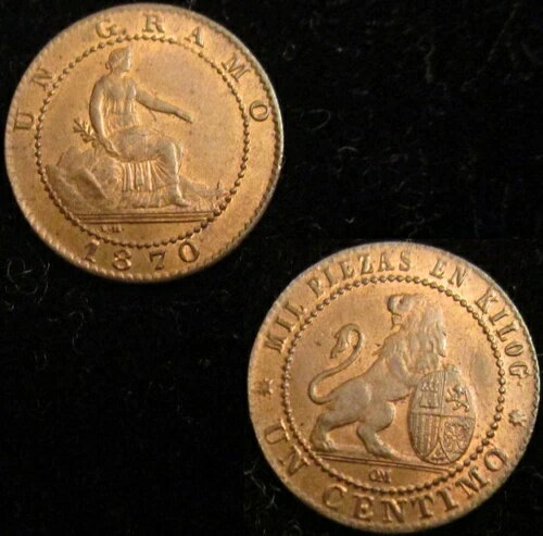 スペイン、226-臨時政府、1 センティモ 1870、未流通++。