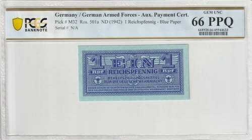 ドイツ 1942年 1 ライヒシュペニッヒ 認定 PCGS 紙幣 UNC 66 PPQ Pick M32 第二次世界大戦