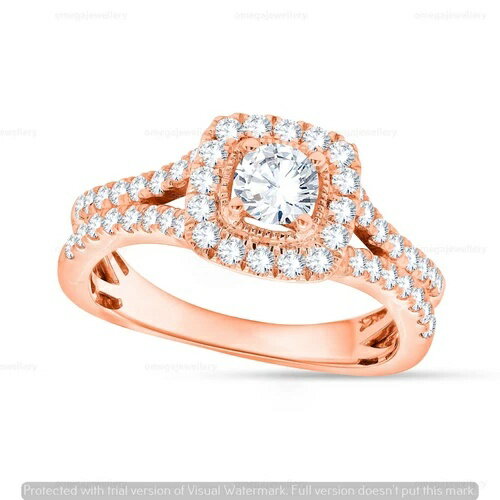 1カラット認定天然ダイヤモンドハローエンゲージリング ソリッド14Kローズゴールド