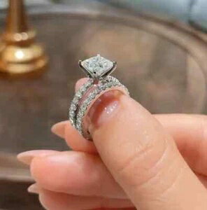 2.19カラット プリンセスカット モアッサナイト ブライダルセット エンゲージリング 14K ホワイトゴールド サイズ 7.25