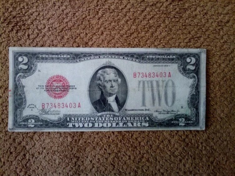 希少な1928年シリーズC $2 2ドル紙幣、鮮明、非常に良好、VF++/XF、赤シール