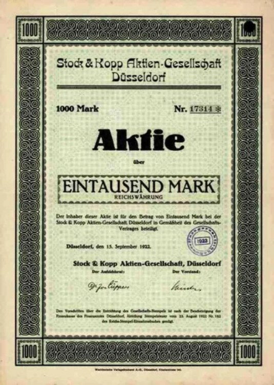 Stock &Kopp AG 1922ǯ9 ǥåɥ ؿ 1000ޥ륯 