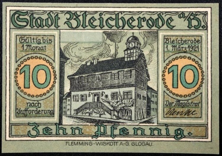 ブライシュローデ 1921 XX-希少標本! 10 フェニヒ ドイツ語 ノットゲルト