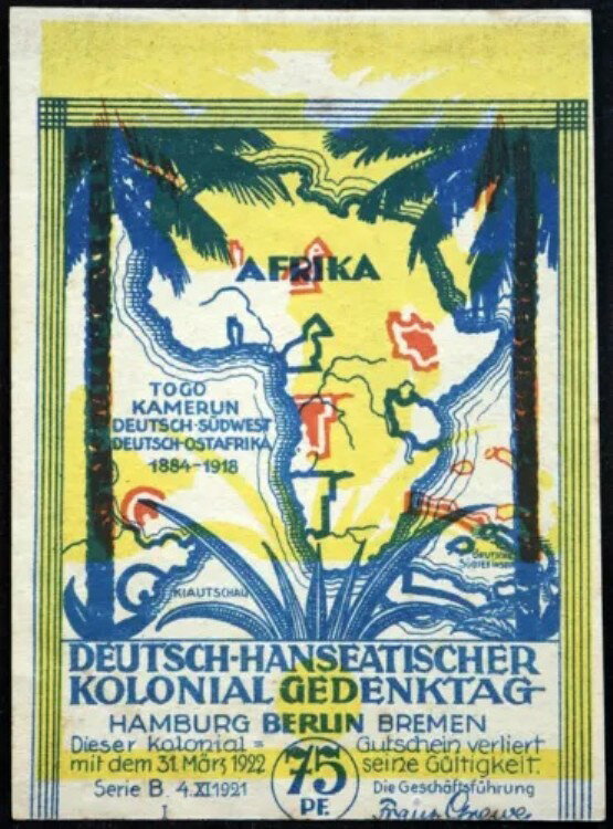 ベルリン 1921 XX-レア ワイルド エラー! 75 フェニヒ「アフリカ植民地」ドイツ語ノットゲルト