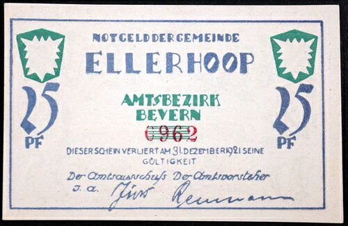 ELLERHOOP 1921 XX-RARE ユルス・ロイマン署名!! 25 フェニヒ ドイツ語 ノットゲルト
