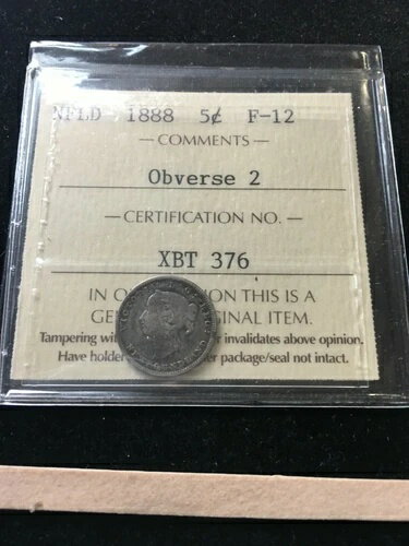 1888年 ICCS グレーディング ニューファンドランド、5セント、表面 2**F-12**(3)