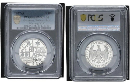 ワイマール レップ 3 マーク 1927 A ユニ マールブルク J-330 PR66CAM プルーフ 114020(3)