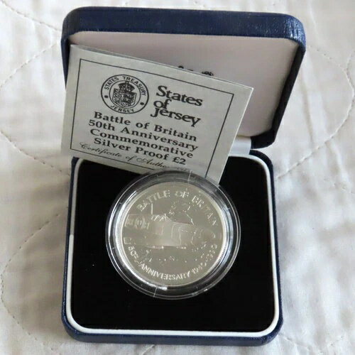 ジャージー 1990年 バトル・オブ・ブリテン スピットファイア シルバー プルーフ 2ポンド クラウン - 箱入り/COA