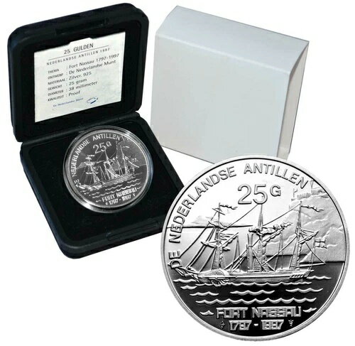 オランダ領アンティル諸島 25 グルデン 1997 シルバー プルーフ「フォート ナッソー - 古い蒸気船」