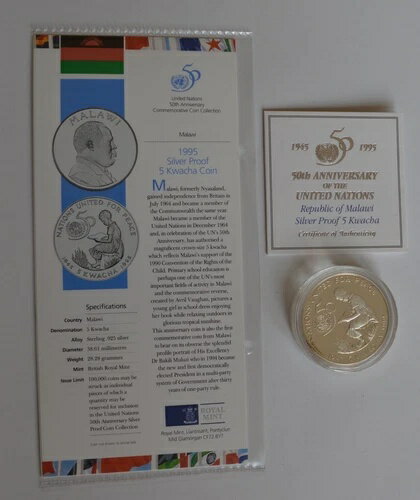 1995 Malawi 5 Five Kwacha Silver Proof United Nations 50th Anniversary商品について注意事項※以下の注意事項をご理解のうえ、ご購入ください■ 鑑定済みコイン・紙幣について各種コイン・紙幣の鑑定機関（NGC、PCGS、PMGなど）は、収集品の真贋鑑定およびグレーディングを行う専門機関です。鑑定後の商品は、専用ケース（スラブ）に封入され、状態を示すグレードが付与されます。■ グレードについてグレードはコイン・紙幣自体の状態を評価するものであり、ケース自体の品質や状態を保証するものではありません。製造・輸送時の影響により、以下のような状態が発生する場合がございます。- 軽微なスレ傷・拭き傷（特に光の角度で見えるもの）- ケース内部のホコリ・小さな異物（鑑定機関の検品基準を満たしている場合）- ラベルのズレ・わずかな傾きこれらは鑑定機関の基準内であり、返品・交換の対象とはなりませんのでご了承ください。■ ラベルの種類について各鑑定機関では、コイン・紙幣の状態や鑑定の結果に応じて異なるラベルが付与されます。- 通常ラベル（Standard/Regular）：一般的なグレード付き鑑定済みコイン・紙幣- オーセンティック（Authentic）：グレードなしで真贋のみ保証- 詳細グレード（Details）：クリーニング跡やエッジのダメージがあるが本物と認定- 特別ラベル（Special Label）：記念版や特定のデザインの限定ラベル - 例：NGC「Early Releases」「First Releases」、PCGS「First Strike」 などグレードやラベルの種類は、商品画像および説明文をご確認のうえ、ご購入ください。■ 在庫状況について当店の商品は海外から取り寄せております。ご購入のタイミングによっては在庫切れとなる場合がございます。その際はご連絡のうえ、ご注文をキャンセルさせていただく場合がございますので、あらかじめご了承ください。■ ご注文後のキャンセルについてご注文と同時に商品のお取り寄せを開始するため、お客様都合によるキャンセルは承っておりません。■ 配送についてお届けまでに通常2〜3週間ほどかかります。海外の祝日や天候、税関手続きにより通常より配送が遅れる可能性がございます。■ 保証について商品説明に英語で「保証（warranty）」と記載があっても、日本国内では適用されませんのでご了承ください。 当店では、商品到着後7日以内の初期不良に限り、対応させていただきます。 （返品規約の詳細については、楽天市場内の会社概要欄下部をご参照ください。）■ 商品の色・素材感について撮影環境やモニター設定により、実際の商品と色味や質感が異なる場合がございます。■ 価格変動について希少性の高い商品は市場価格の変動により、追加料金をお願いする場合がございます。追加料金に同意いただけない場合には、ご注文のキャンセルが可能ですので、ご安心ください。■ その他サービスについて海外製品の輸入代行も承っております。ショップに掲載されていない商品でもお探し可能ですので、お気軽にご相談ください。尚、業者販売（業販）や複数購入の場合、割引対応も可能です。ご希望の方はお問い合わせください。