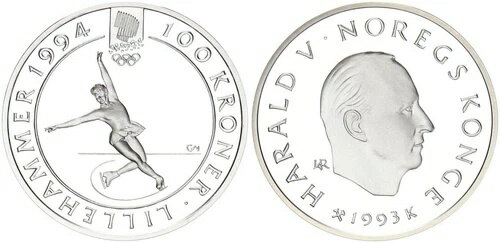 ノルウェー 100クローネ 1993 フィギュアスケート - 1オンス ファインPP カプセル入り  ...