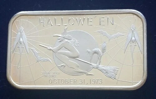 .999 1オンス シルバーバー | 1973年 ハロウィン | ヴィンテージ | コウモリと魔女のデザイン