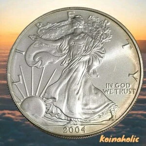 2004 年 1 ドル アメリカン シルバー イーグル ベター バック デート、未使用、外縁トーニング。