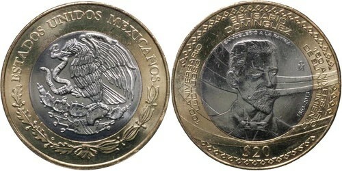 メキシコ。コインは20ペソ。 2013 (バイメタル UNC) ベリサリオ ドミンゲス パレンシア