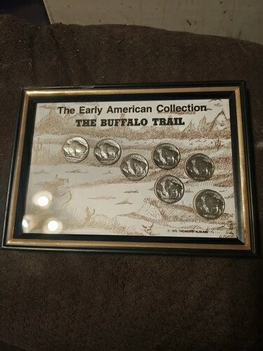 初期アメリカバッファローコレクション「バッファロートレイル」7枚のコイン/ガラスフレーム