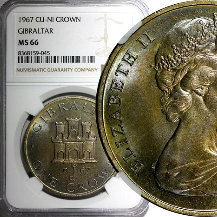 GIBRALTAR Elizabeth II 1967 Crown NGC MS66 TOP GRADED RAINBOW TONED KM# 4 (45)商品について販売者メモ「MS66」額面：クラウン流通/未流通：未流通組成：銅ニッケル発行年：1967年認証番号：8368159-045色：NA純度：NAグレード：MS 66KM番号：KM# 4製造国/地域：ジブラルタル認証：NGC注意事項※以下の注意事項をご理解のうえ、ご購入ください■ 鑑定済みコイン・紙幣について各種コイン・紙幣の鑑定機関（NGC、PCGS、PMGなど）は、収集品の真贋鑑定およびグレーディングを行う専門機関です。鑑定後の商品は、専用ケース（スラブ）に封入され、状態を示すグレードが付与されます。■ グレードについてグレードはコイン・紙幣自体の状態を評価するものであり、ケース自体の品質や状態を保証するものではありません。製造・輸送時の影響により、以下のような状態が発生する場合がございます。- 軽微なスレ傷・拭き傷（特に光の角度で見えるもの）- ケース内部のホコリ・小さな異物（鑑定機関の検品基準を満たしている場合）- ラベルのズレ・わずかな傾きこれらは鑑定機関の基準内であり、返品・交換の対象とはなりませんのでご了承ください。■ ラベルの種類について各鑑定機関では、コイン・紙幣の状態や鑑定の結果に応じて異なるラベルが付与されます。- 通常ラベル（Standard/Regular）：一般的なグレード付き鑑定済みコイン・紙幣- オーセンティック（Authentic）：グレードなしで真贋のみ保証- 詳細グレード（Details）：クリーニング跡やエッジのダメージがあるが本物と認定- 特別ラベル（Special Label）：記念版や特定のデザインの限定ラベル - 例：NGC「Early Releases」「First Releases」、PCGS「First Strike」 などグレードやラベルの種類は、商品画像および説明文をご確認のうえ、ご購入ください。■ 在庫状況について当店の商品は海外から取り寄せております。ご購入のタイミングによっては在庫切れとなる場合がございます。その際はご連絡のうえ、ご注文をキャンセルさせていただく場合がございますので、あらかじめご了承ください。■ ご注文後のキャンセルについてご注文と同時に商品のお取り寄せを開始するため、お客様都合によるキャンセルは承っておりません。■ 配送についてお届けまでに通常2〜3週間ほどかかります。海外の祝日や天候、税関手続きにより通常より配送が遅れる可能性がございます。■ 保証について商品説明に英語で「保証（warranty）」と記載があっても、日本国内では適用されませんのでご了承ください。 当店では、商品到着後7日以内の初期不良に限り、対応させていただきます。 （返品規約の詳細については、楽天市場内の会社概要欄下部をご参照ください。）■ 商品の色・素材感について撮影環境やモニター設定により、実際の商品と色味や質感が異なる場合がございます。■ 価格変動について希少性の高い商品は市場価格の変動により、追加料金をお願いする場合がございます。追加料金に同意いただけない場合には、ご注文のキャンセルが可能ですので、ご安心ください。■ その他サービスについて海外製品の輸入代行も承っております。ショップに掲載されていない商品でもお探し可能ですので、お気軽にご相談ください。尚、業者販売（業販）や複数購入の場合、割引対応も可能です。ご希望の方はお問い合わせください。