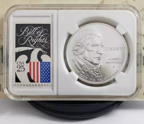 1993-D ジェームズ・マディソン記念銀貨（ヴィンテージ切手付き） - 素晴らしい！ W5