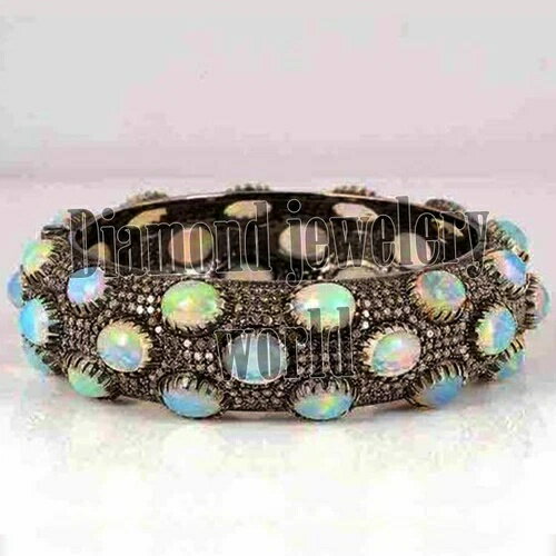 ヴィンテージスタイル 10.65カラット ローズカット ダイヤモンド ムーンストーン シルバー バングル ブレスレット ジュエリー